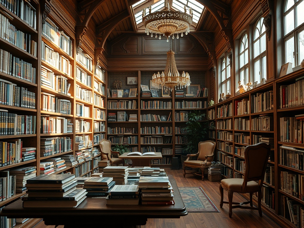 Красивая библиотека с деревянными книжными полками, chandelier и уютной обстановкой для чтения.