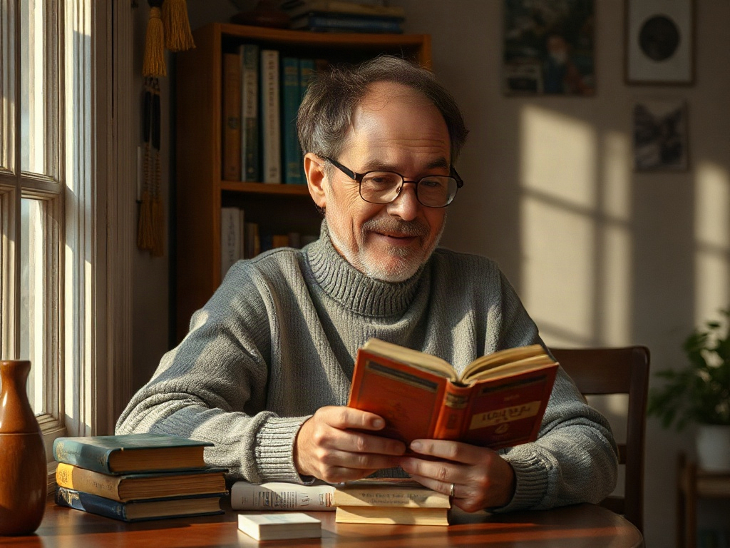 Пожилой мужчина в свитере читает книгу за столом, окружённый книгами и солнечным светом.