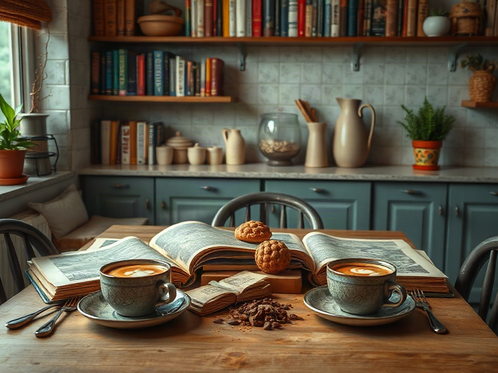 На столе два чашки кофе, печенье, книги и шоколад, уютная кухня с книгами на полках.